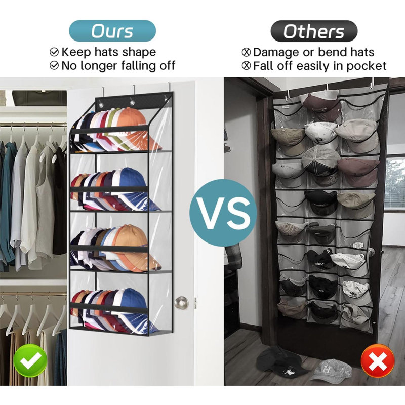 Rebrilliant Clear Over The Door Hat Racks For Baseball Caps Hold 48 Caps Hat Storage Organizer For Closet Wall Deep Pockets Hanging Hat Holder Shelves With 3 Hooks Black Wayfair